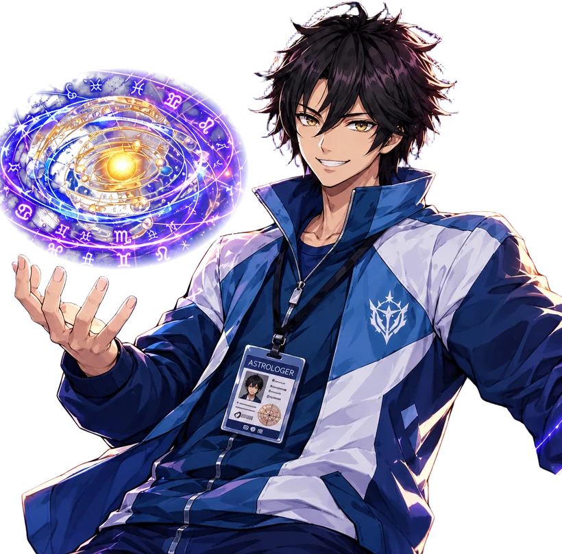 Emi, astrólogo, con chaqueta azul y una esfera armilar con el zodiaco flotando sobre su mano
